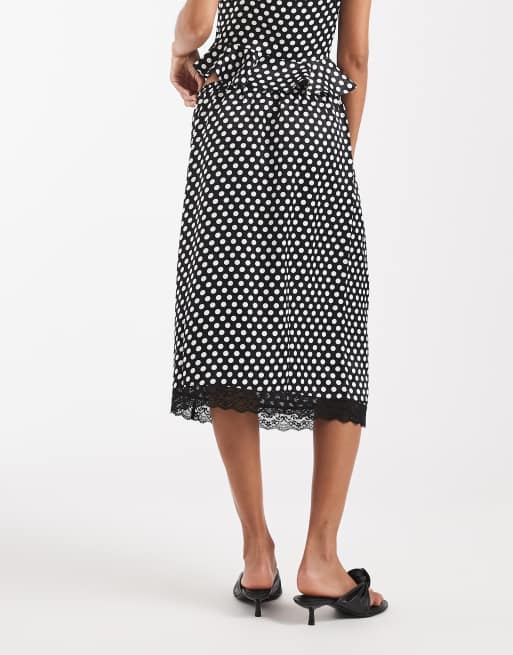 ASOS DESIGN 90's satin lace trim midi skirt in polka dot co ord, 5 of 5
