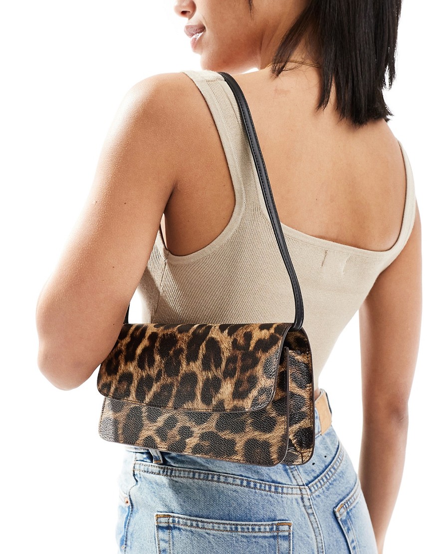ASOS DESIGN 90s shoulder bag in leopard print with skinny straps-Brown