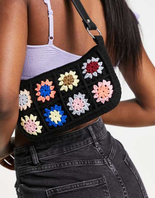 ASOS DESIGN 90s shoulder bag in patchwork crochet