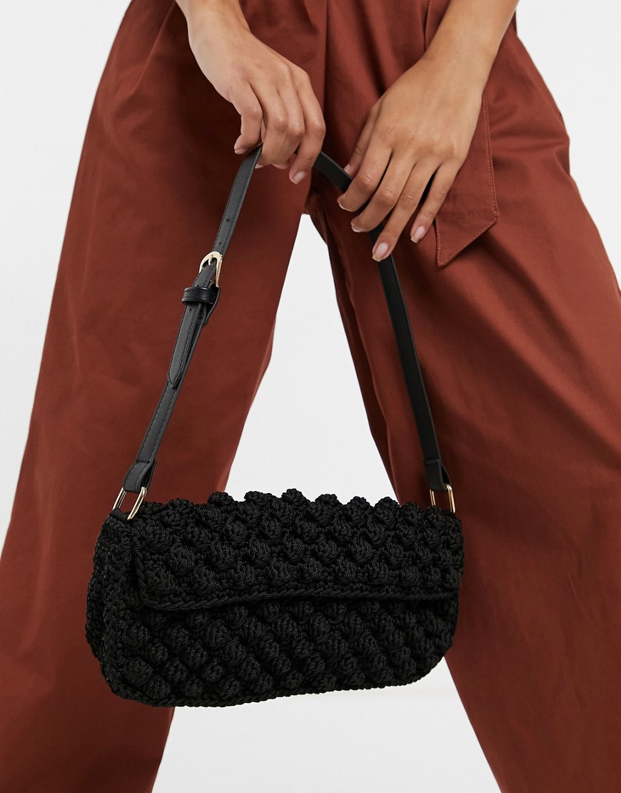 ASOS DESIGN 90s shoulder bag with flap in black bobble knit