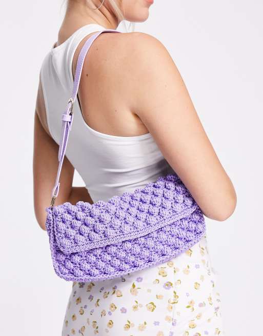 ASOS DESIGN 90s shoulder bag with flap in lilac bobble knit ASOS