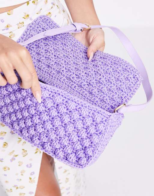 ASOS DESIGN 90s shoulder bag with flap in lilac bobble knit