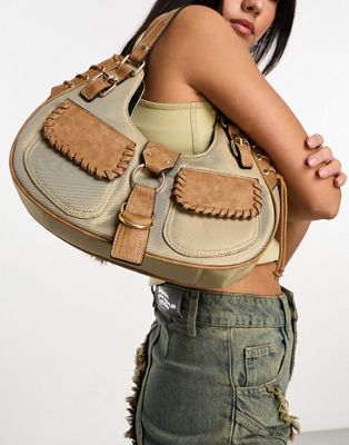 ASOS DESIGN 90s shoulder bag with pocket detailing in brown