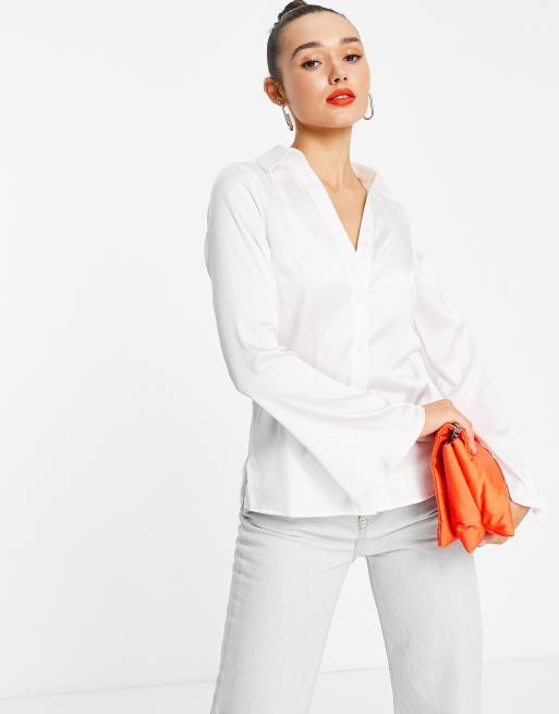 ASOS DESIGN 90s slim fit satin shirt in ivory