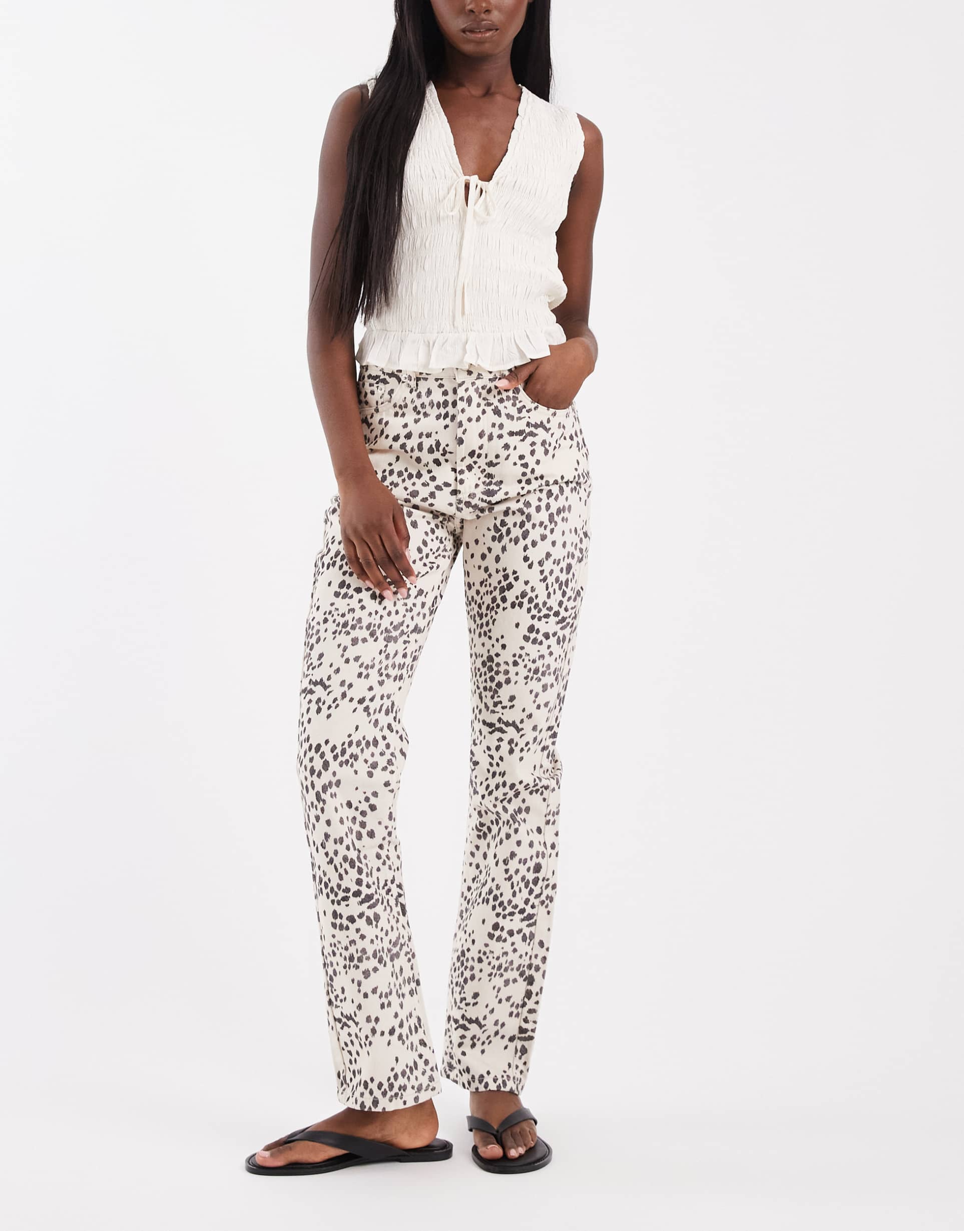 asos design 90s straight crop jeans in dalmatian print