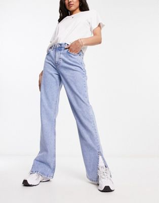 Shop Asos Design 90s Straight Jean In Light Blue With Split Hem