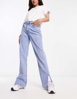 Asos Design Straight Jean With Split Hem In Light Blue In Blue