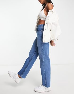 Asos Design 90s Straight Jean With Raw Hem In Mid Blue