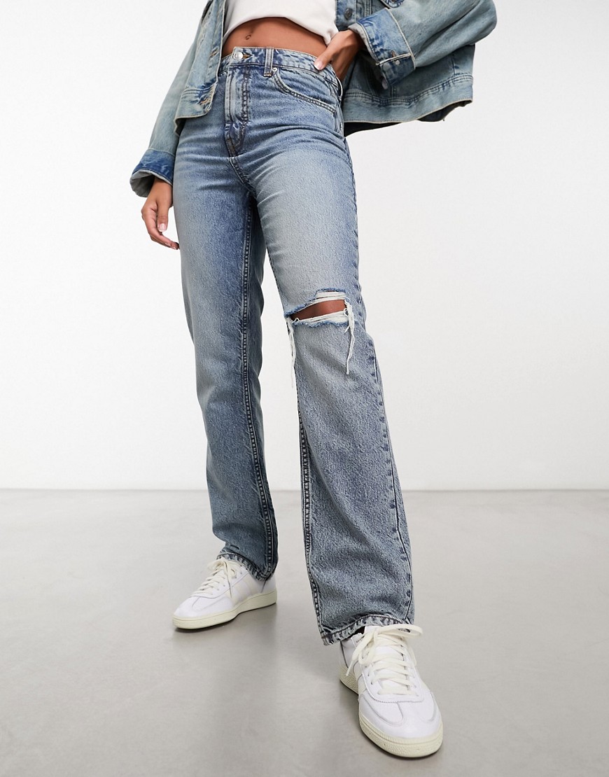 Asos Design 90s Straight Jean With Single Knee Rip In Blue