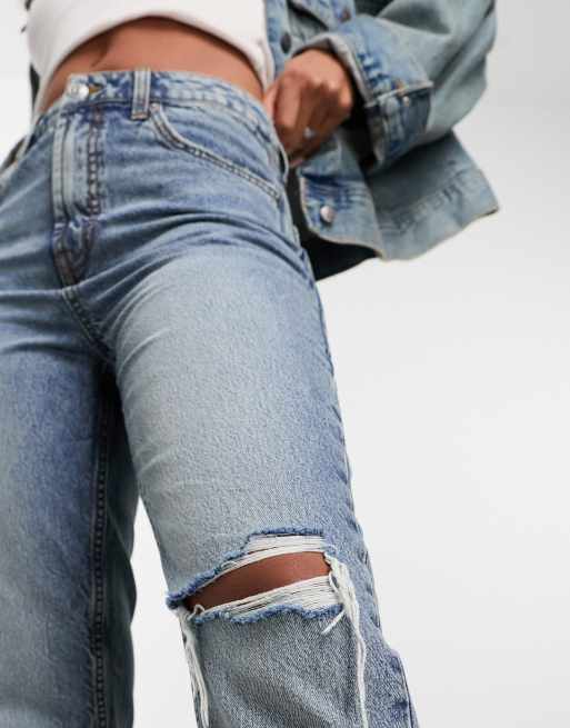 ASOS DESIGN 90s straight jean with single knee rip in blue