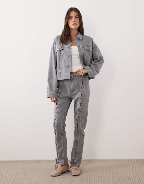 ASOS DESIGN 90s straight jeans in grey with lace up co-ord - view 1