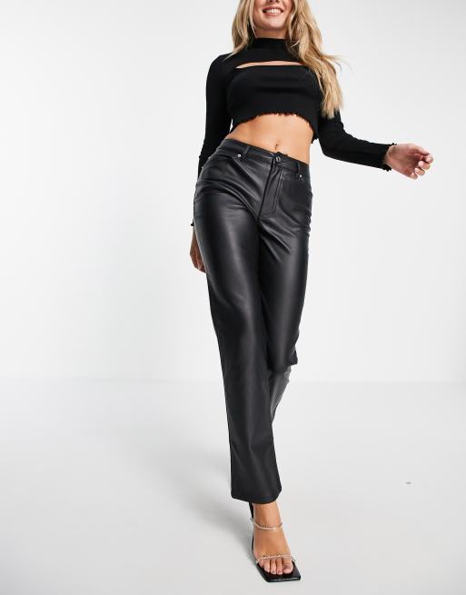 ASOS DESIGN Petite faux leather straight leg pants in black