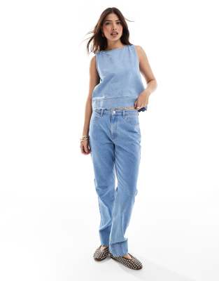 90s straight leg scallop edge jeans in mid blue