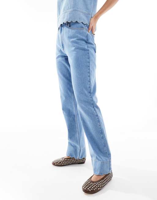 ASOS DESIGN 90s straight leg scallop edge jeans in mid blue