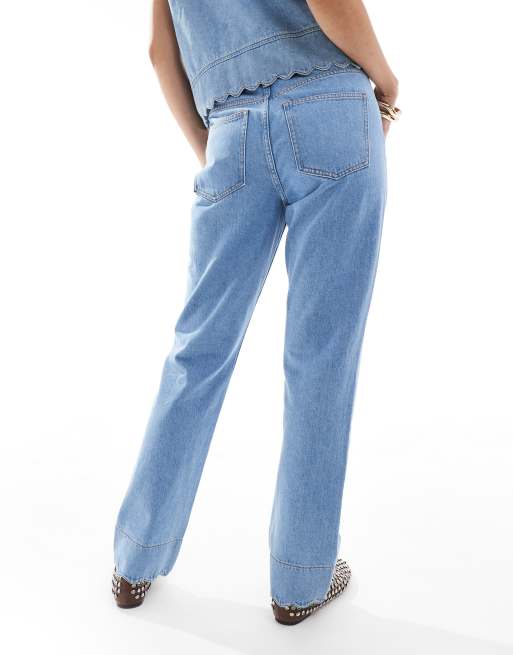 ASOS DESIGN 90s straight leg scallop edge jeans in mid blue