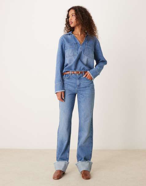 ASOS DESIGN 90s style turn up jean in mid blue - view 1