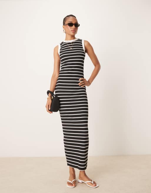ASOS DESIGN 90s Tall ribbed built up midi tank dress in mono stripe, 4 of 4