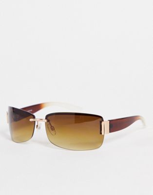 ASOS DESIGN 90s wrap rimless sunglasses in grad brown