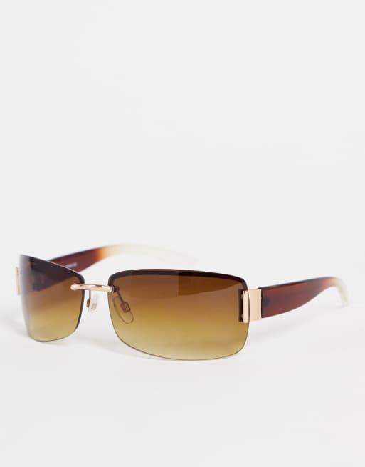 Asos Design 90s Wrap Rimless Sunglasses In Grad Brown Asos 