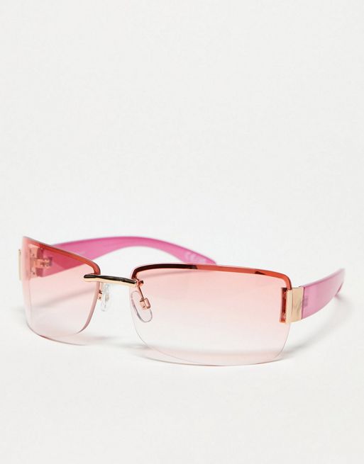 Asos Design 90s Wrap Rimless Sunglasses In Pink Asos 
