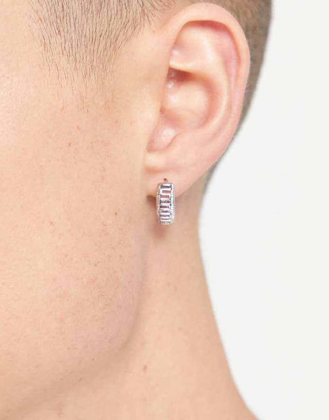 ASOS DESIGN 9mm hoop earrings with cut out greek wave in silver tone