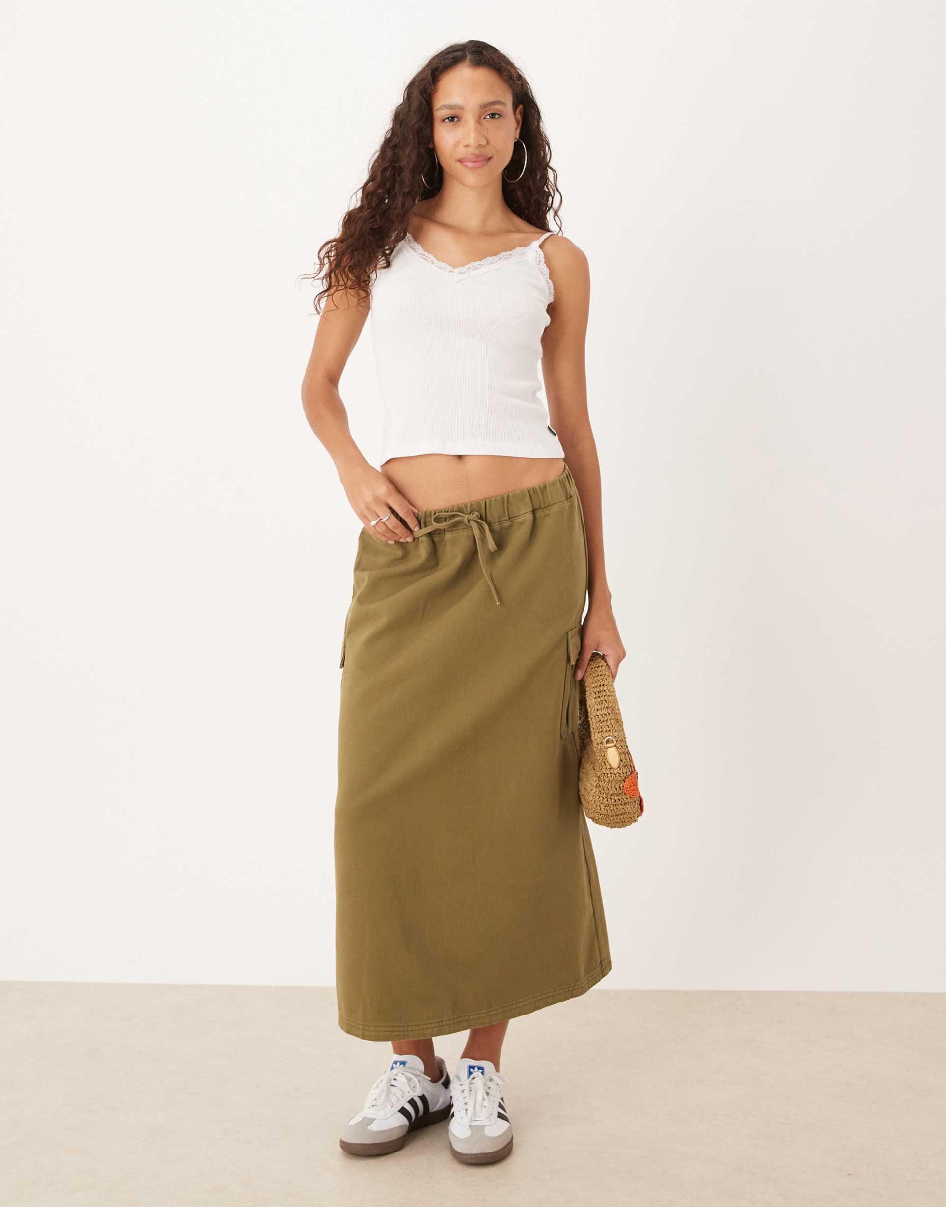 asos design a line cargo maxi skirt in khaki