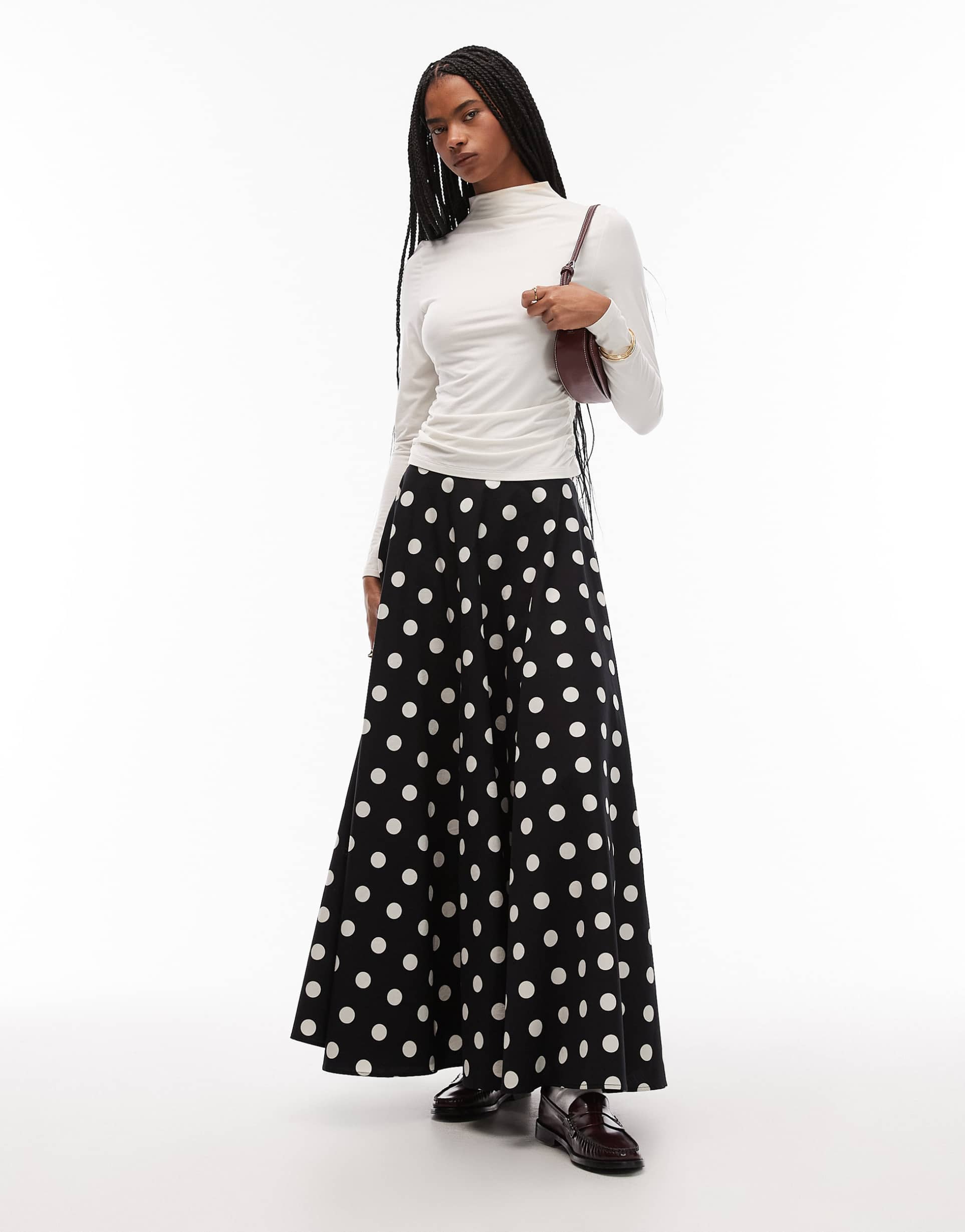 asos design a line circle maxi skirt in black polka dot