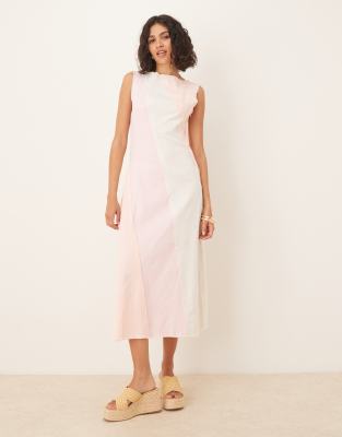 Asos Design A-line Contrast Panel Denim-look Midi Dress With Raw Hem In Pink