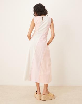 ASOS DESIGN A-LINE CONTRAST PANEL DENIM-LOOK MIDI DRESS WITH RAW HEM 