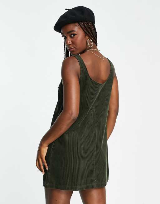 ASOS DESIGN a-line cord pinny dress in forest green, 2 of 4