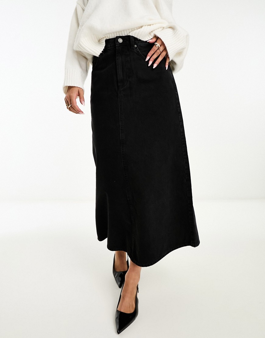 Asos Design A Line Denim Midi Skirt With Side Split In Wash Black