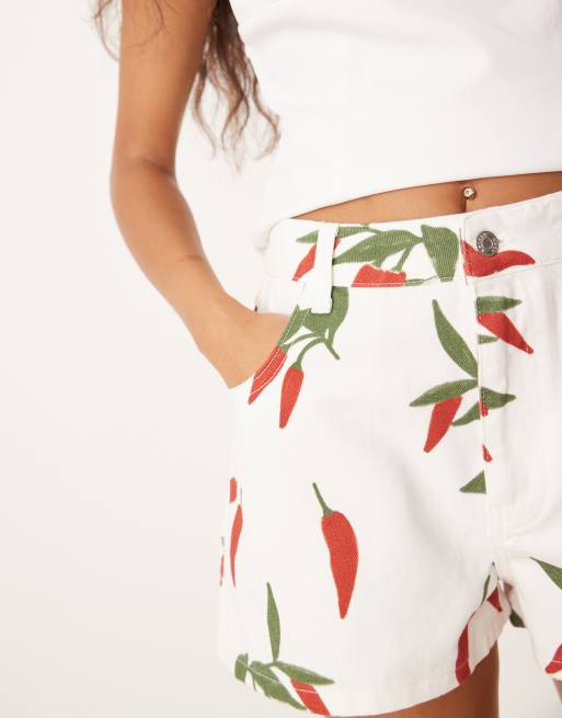 ASOS DESIGN a-line denim short in chilli pepper print in ecru, 2 of 5