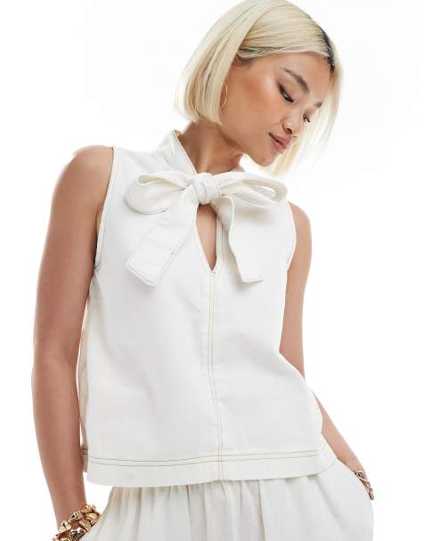 ASOS DESIGN a-line denim top with bow tie neck in ecru - view 1