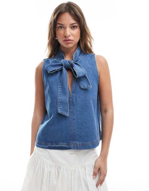ASOS DESIGN a-line denim top with bow tie neck - view 1