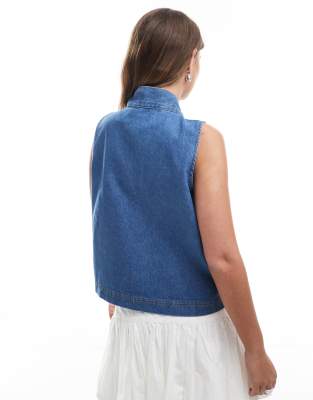 Asos Design A-line Denim Top With Bow Tie Neck-blue In Blue