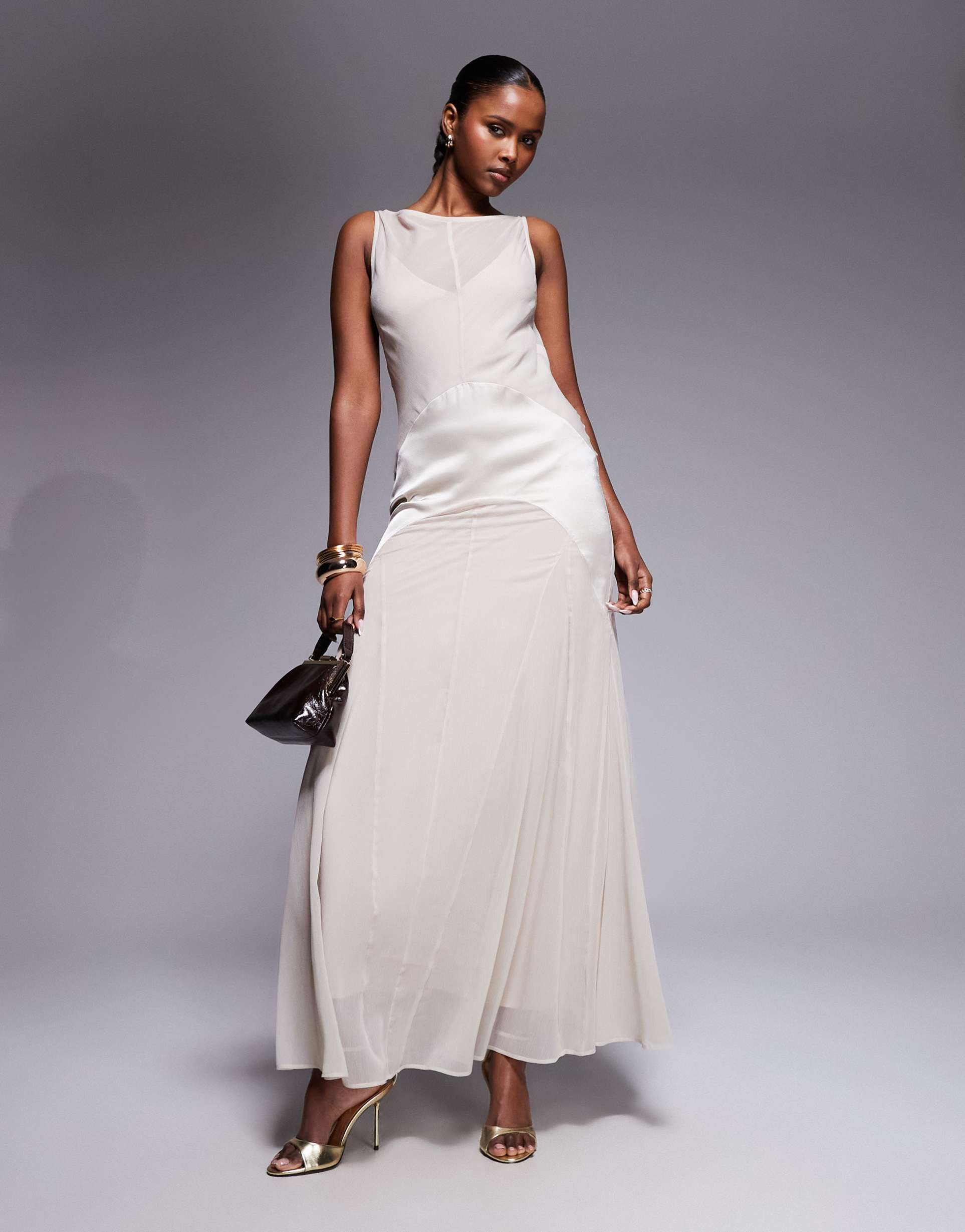 asos design a-line dropped panel waist maxi dress with godets in stone
