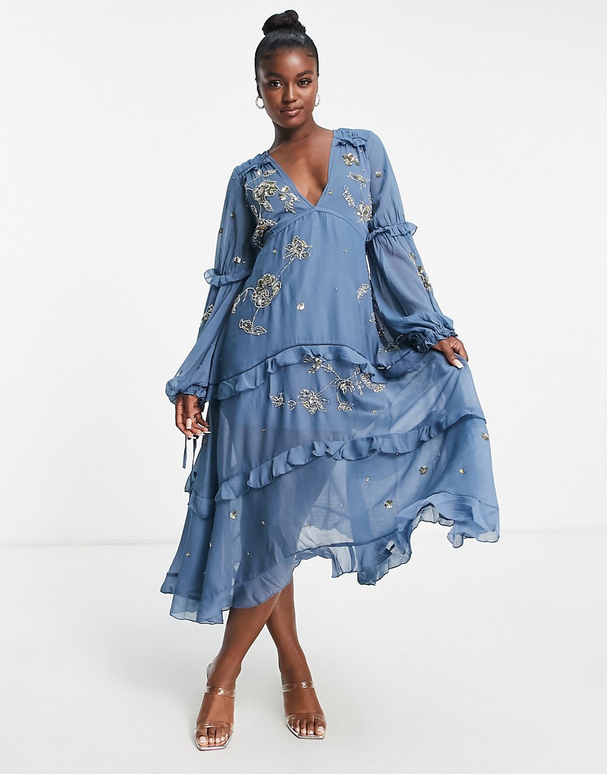 ASOS DESIGN a-line midi dress with cluster embellishment-Blue