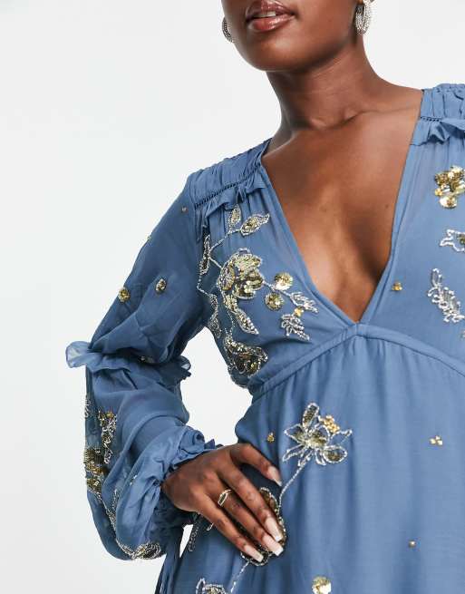 Iconic Embroidered Maxi A-line Dress with V-neck and Flounce Sleeves