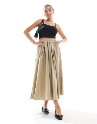 ASOS DESIGN a-line midi skirt in camel-Green