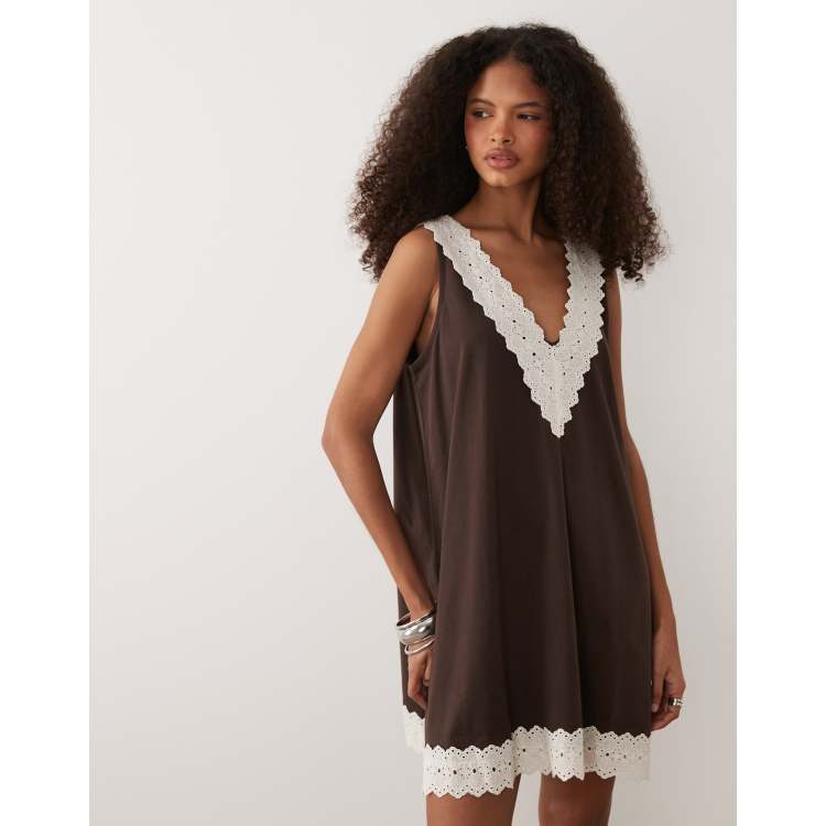 brown and white mini dress Brown Stripe Mini Dress - All Dresses