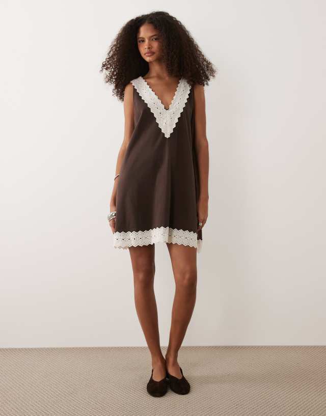 brown and white mini dress ASOS DESIGN a-line in with lace trim in A halter neckline creates
