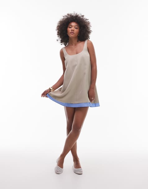 ASOS DESIGN A line mini dress with contrast woven hem in stone - view 1
