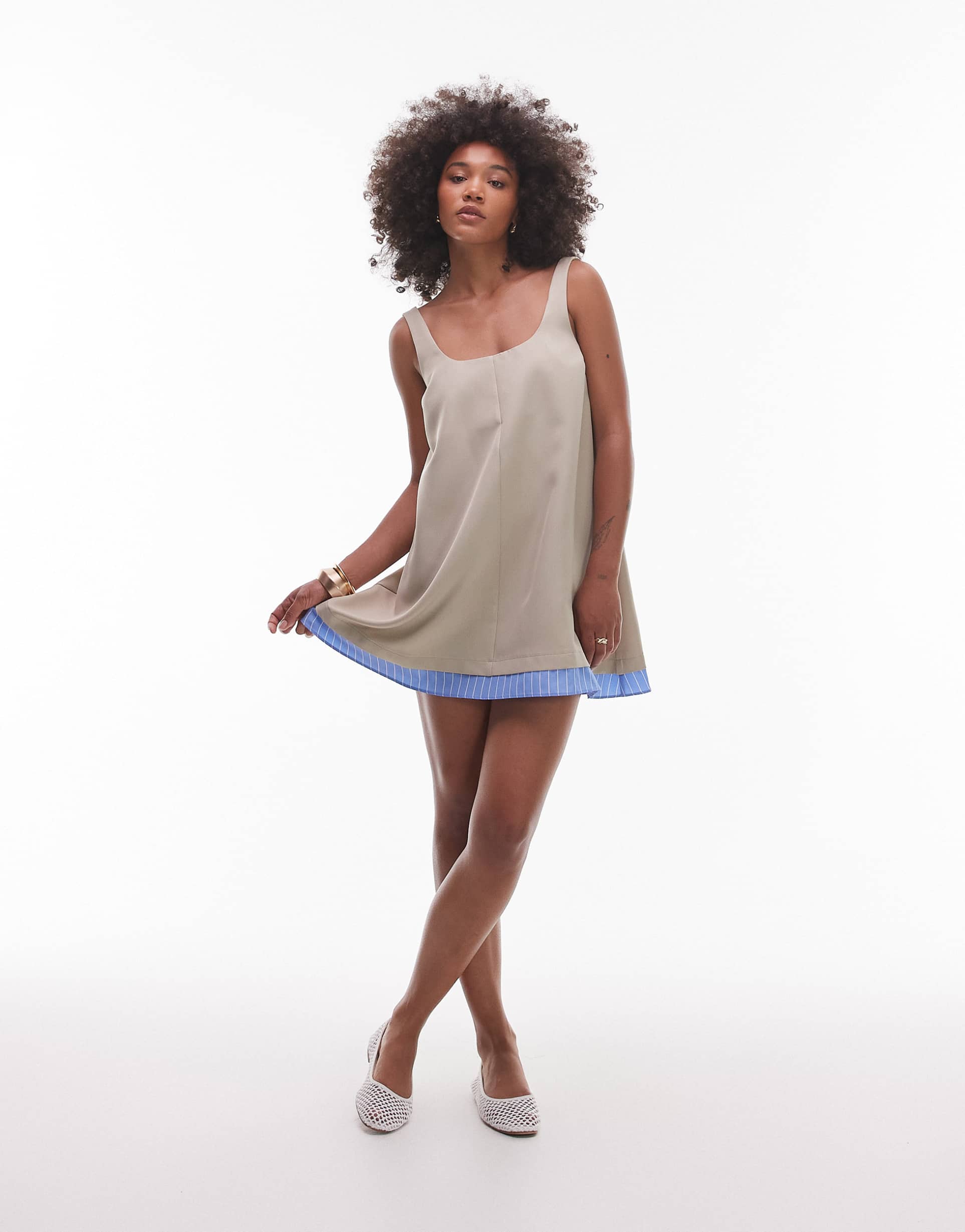 asos design a line mini dress with contrast woven hem in stone