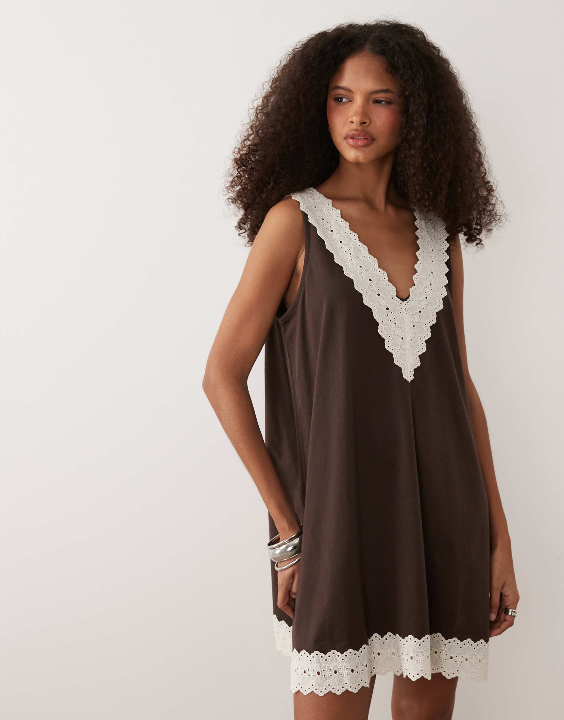 asos design a-line mini dress with lace trim in white