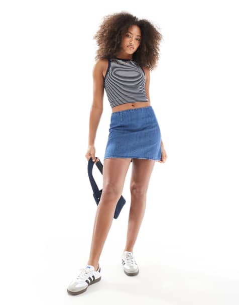 ASOS DESIGN A line mini skirt in midwash blue - view 1