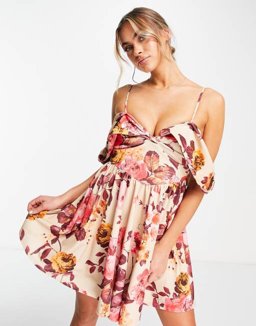 ASOS DESIGN a line off shoulder mini dress in rose print