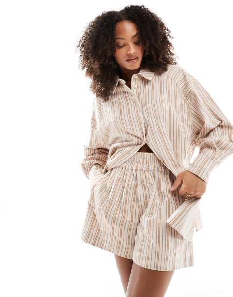 ASOS DESIGN A-line pull on shorts in brown stripe (part of a set) - view 1