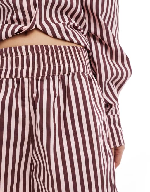 ASOS DESIGN A-line pull on shorts in burgundy and pink stripe (part of a set), 2 of 4