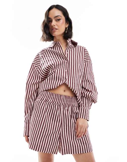 ASOS DESIGN A-line pull on shorts in burgundy and pink stripe (part of a set), 3 of 4