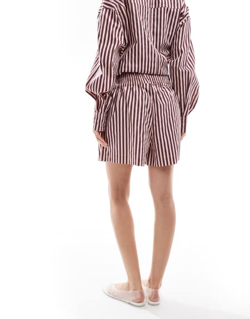 ASOS DESIGN A-line pull on shorts in burgundy and pink stripe (part of a set), 4 of 4